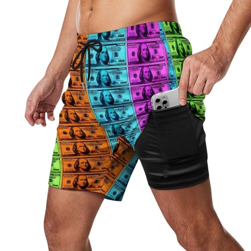 Men & Boys Classic Fit Swim Trunks for Beach Gym Sport Quick Dry Drawstring Basic Board Shorts with Pockets, Underwear Colorful Bill Dollars American Money Fashion Cargo Short