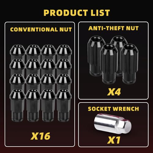 Image of M12x1.5 Lug Nut 20 PCS, Wheel Lock Bulge Acorn Open End Lug Nut Set Compatible with Toyota, Honda, Ford, Chevrolet, Mitsubishi, Mazda, KIA, Hyundai, Buick, 1 Socket Included, Black