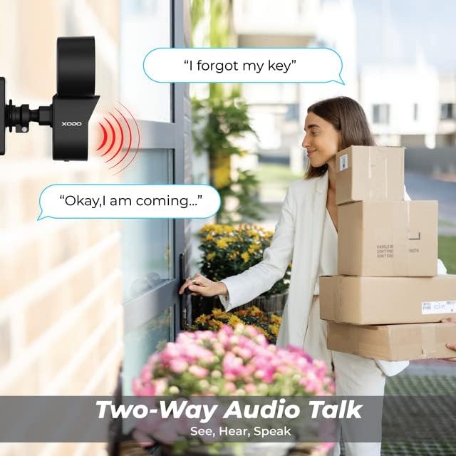 A person speaking into a smartphone with a speech bubble 'Okay, I am coming...' while another person delivers packages, illustrating the two-way audio feature of the Contixo E9 camera.
