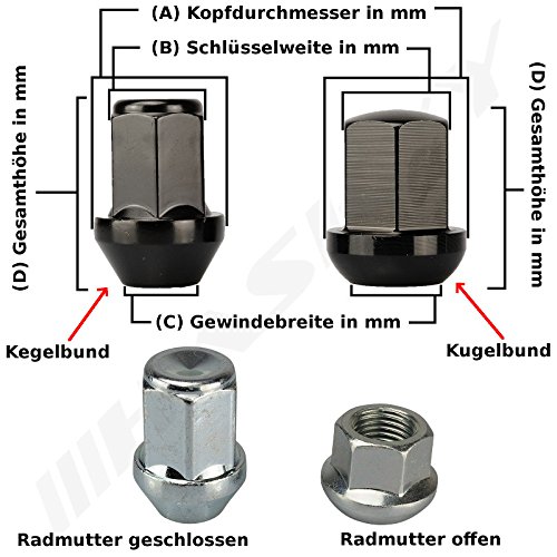 Radmuttern M14x1,5 Kegel SW19 SW21 Geschlossen Radmutter Verzinkt Chrom Schwarz - Foto 5