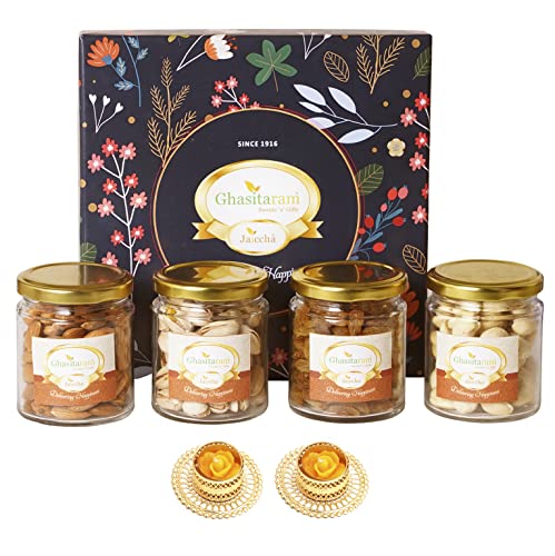 Image of Ghasitaram Gifts Jaiccha Ghasitaram Hamper Box with Dryfruit Jars with 2 T-Lights |Gift Hamper| Diwali Gift Hamper|Food Hampers|Gourmet Hampers|
