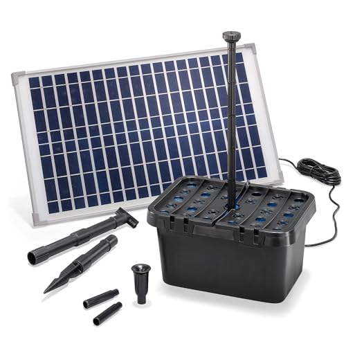 Esotec Solar Teichfilterset Starter 25/875, Teichfilter Komplettset, Pumpe 875l/h, 2 Sprinkler-Aufsätze, Solarmodul 25 Watt, Filterpumpe für außen, Springbrunnen, DIY Wasserspiel, 100902
