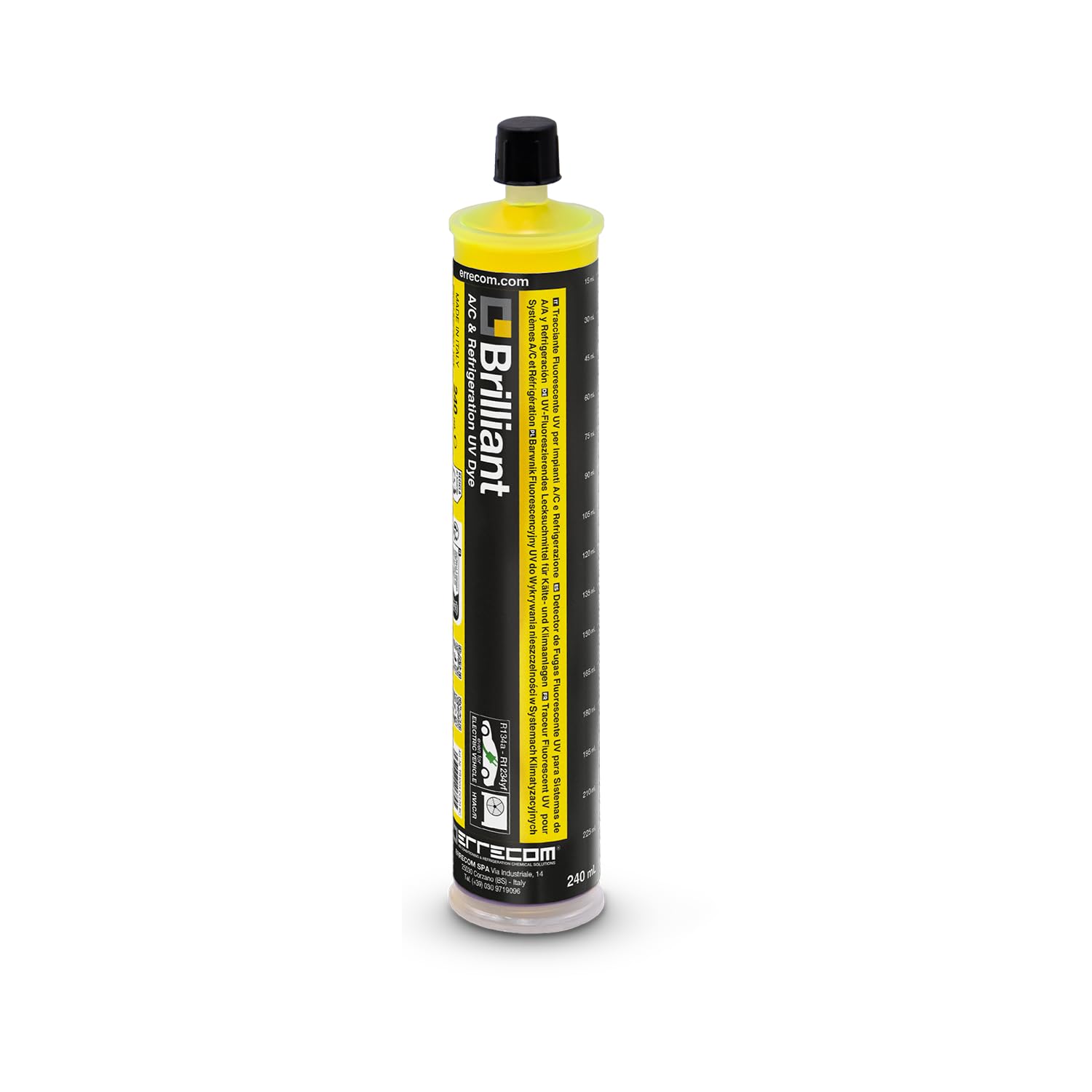 ERRECOM Brilliant – cartouche 240 ml, Traceur Fluorescent UV pour localiser Fuites de Gaz Réfrigérant dans les Systèmes de Climatisation et Réfrigération