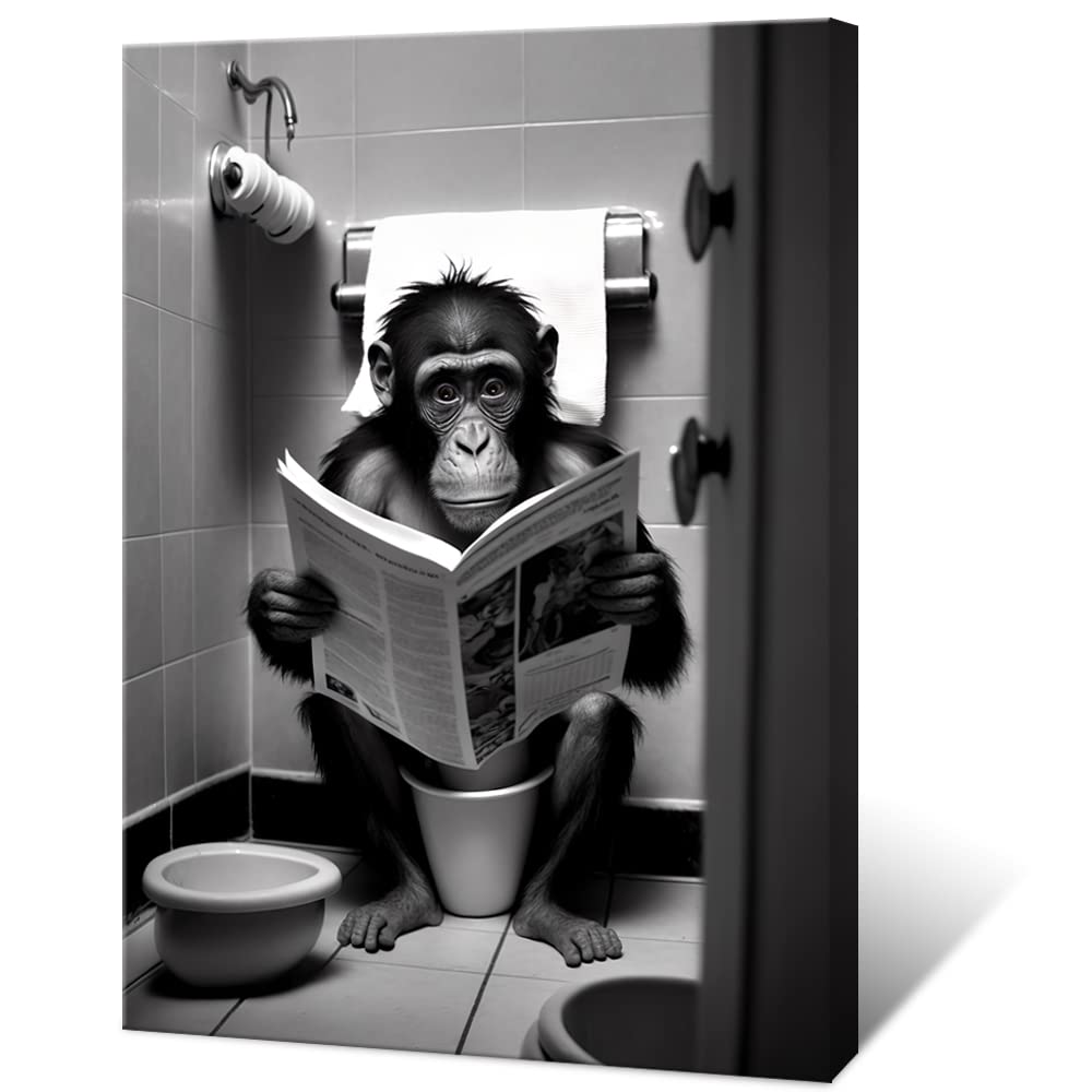 KOEUIRWFunny Gorilla Bathroom Canvas Wall Art Cute Monkey In Toilet Posters Black and White Animal Prints Painting Maximalist Mid Century Modern Aesthetic Wall Decor for 12x16in Unframed