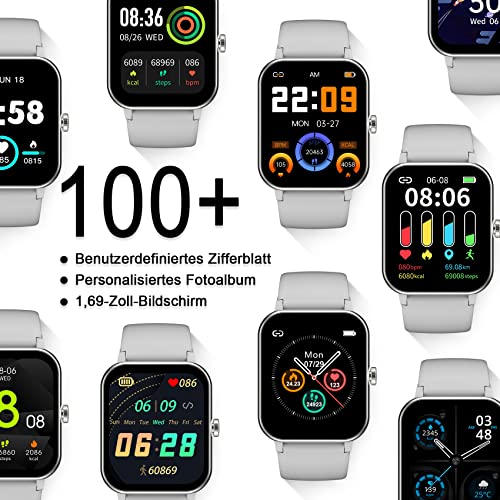 IOWODO Smartwatch Damen Herren 1,69'' Uhren IP68 Wasserdicht Fitnessuhr Tracker mit Pulsschlag SpO2 Schrittzähler Temperatur Schlafmonitor 25 Trainingsmodi Smart Watch für Android iOS (Grau) – Bild 6