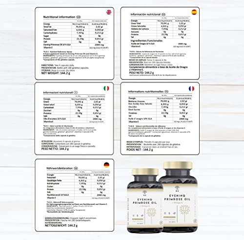 Nachtkerzenöl Kapseln Kaltgepresst 2000mg Tagesdosis, 10% Gamma-Linolensäure GLA und Vitamin E. Nachtkerzenöl für Hormone, Wechseljahre, Haut, Haare. 200 Softgel Kapseln, UE N2 Natural Nutrition.