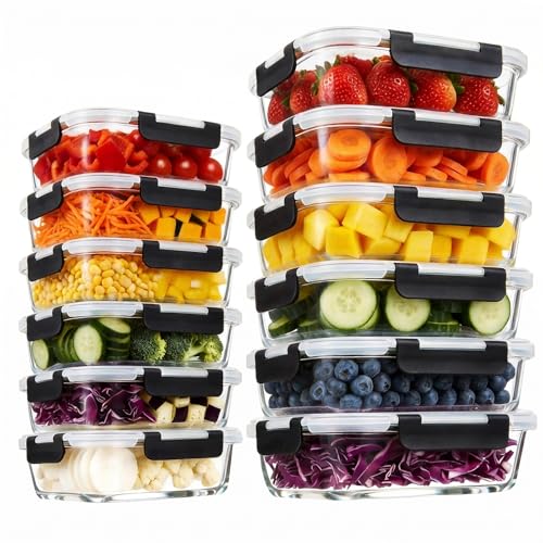 Image of Konokyo Black Glass Food Storage Containers with Lids, Meal Prep, 12 Pack