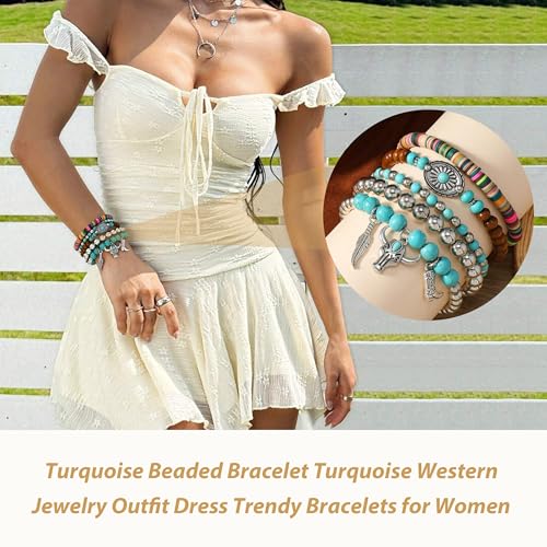 Long tiantian Western Turquoise Bracelet for Women Boho Jewelry Beaded Bracelet Stack Western Inspired Clothes Concho Country Concert Cowboy Chic Oufits4