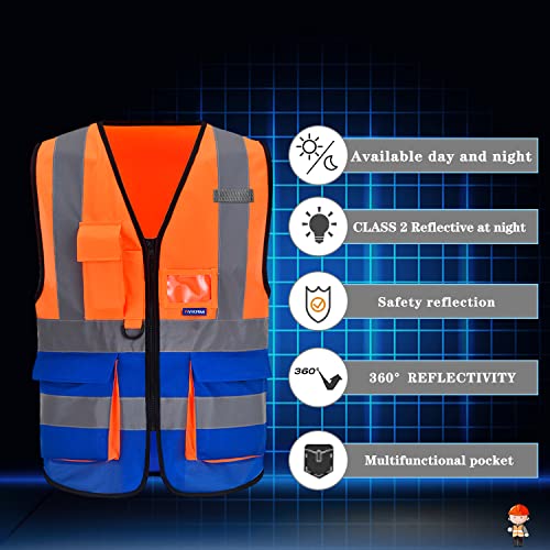 Image of Reflective Construction Vest, 7 Pockets, Zipper, Orange /Blue, 3XL | Orange /Blue 3XL fabric work vest with reflective strips and 7 pockets for marine ground support; available in 21 colors.