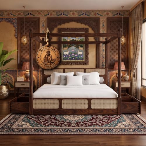 Image of Sheesham Solid Wood Allure Poster Bed for Bedroom | Handmade Wooden Cot | Elegant Four Poster King Size Bed Frame (Walnut, Queen, Allure with Storage(Cane))