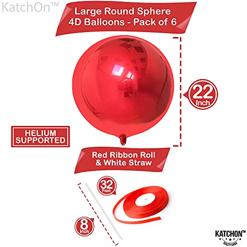 Image of KatchOn, Red Balloons - Big 22 Inch, Pack of 6 | 4D Sphere Red Foil Balloons for Red Party Decorations | Metallic Balloons for Carnival, Casino Theme Party | Graduation Decorations 2026, Birthday