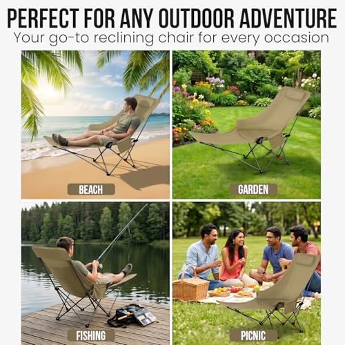 Image of ORILEY Compact Folding Chair with Heavy Duty Metal Frame 3 Adjustable Positions Portable Lightweight Foldable Seat for Outdoor Camping Hiking Fishing Garden Beach Picnic Travelling (Pack of 1, Khaki)