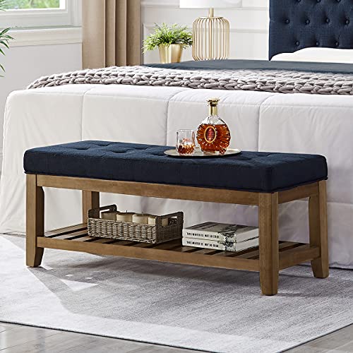 24KF Large Rectangular Upholstered Tufted Linen Fabric Ottoman Bench, Padded Bench with Solid Wood Shelf-Navy Blue by 24KF - Used condition - US$133.74