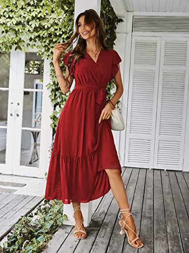 PRETTYGARDEN Women's Summer Floral Boho Maxi Dress Wrap Short Sleeve V Neck Ruffle A-Line Flowy Wedding Guest Long Dresses