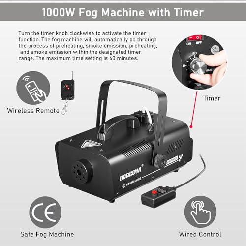 BORGOVA 1000W Professional Fog Smoke Machine, 5000 CFM with 1L Tank, 160ft Wireless Remote & Timer Control, 9-16ft Range - for Stage Halloween Parties Concerts Photography Clubs