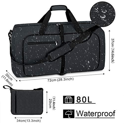 Travel Duffel Bag 80L Foldable Weekender Overnight Bags for Men Women Waterproof Sports Gym Bag with Shoes Compartment Holdall Weekend Bag Black
