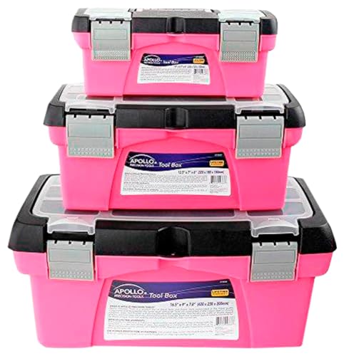 Apollo Tools Set of 3 Pink Stackable Tool Boxes with Top Compartment and Removable Trays for Crafts, Tool Storage - Pink Ribbon - DT5005P