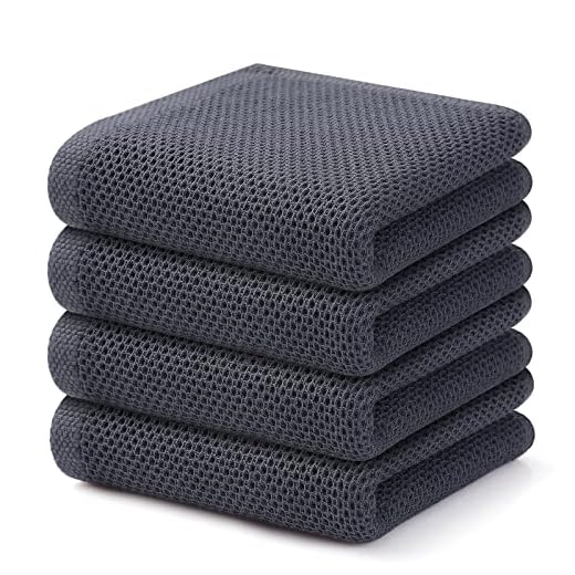 Kitinjoy 100% Cotton Waffle Weave Kitchen Towels, 4-Pack Super Soft and Absorbent Kitchen Dish Towels for Drying Dishes, Kitchen Hand Towels, 13 in x 28 in, Dark Grey