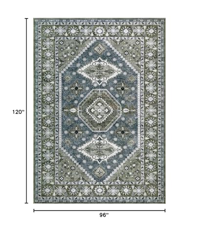 Tapete Boho Lavable 8x10 para Sala Verde Oscuro y Azul miniatura 2