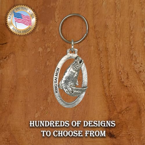 Image of Salmon Keychain, Pewter, F043KC, 1 3 /4 inch, King, Chinook, Tyee, 100% Handmade in the USA, King Salmon Key chain, Fishing Gift, Over 200 Fish Designs Available., Chinook Salmon Leaping Keychain, Medium