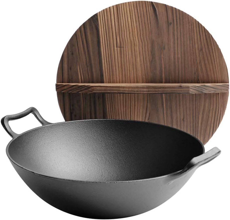 QHQQXN 14 Inch Traditional Hand Hammered Cast Iron Wok Chef's Pot with 2 Pan Ear and Cover-36cm(33cm)