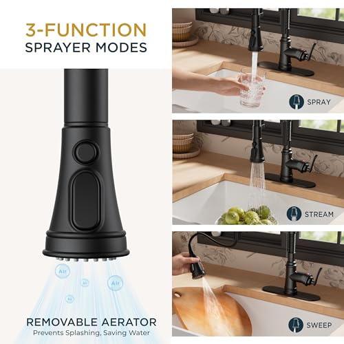 Image of FORIOUS Black Kitchen Faucet with Pull Down Sprayer, Stainless Steel Single Handle Spring Antique Kitchen Sink Faucet with Deck Plate for 1 or 3 Holes, Sutiable for Farmhouse, RV, Camper, Wet Bar