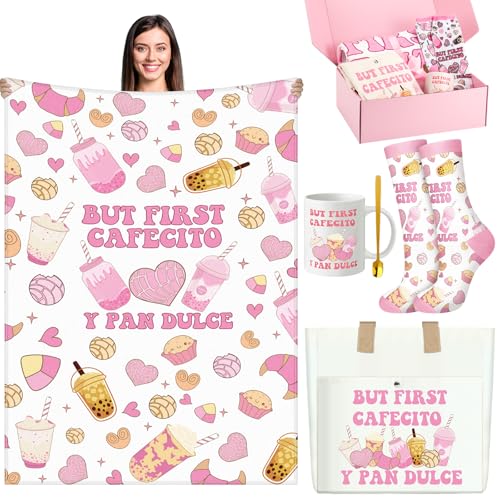 Dansydaisy Cafecito Y Chisme Gift for Women Funny Mexican Gift for Lady Birthday for Mom Sister Wife Mexican Concha Pun Blanket Socks Mug Tote Bag Set Cute (Cafecito Y Pan Dulce)