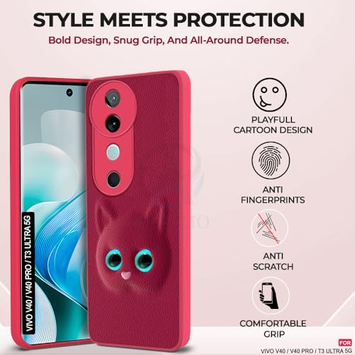 Image of AESTMO Back Case Cover for Vivo V40 / V40 Pro / T3 Ultra 5G Back Cover | 3D Cat Cover | Leather Finish | Full Body Protection | Camera Protection Back Cover (Pink