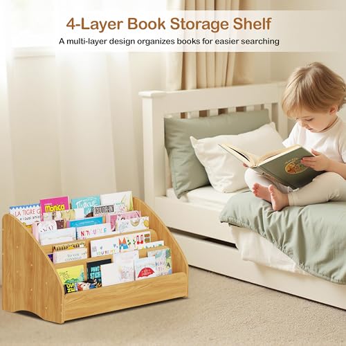 Image of Lkeiyay Kids Bookshelf - Montessori Shelf for Toddlers, 4-Tier Wooden Book Display Storage, Open Front Design for Classroom & Bedroom