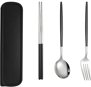 カトラリーセット ステンレス鋼 箸 スプーン フォーク 3点セット ケース付き 食器セット軽量 通勤 通学 遠足 携帯便利 弁当箱用 キャンプ用(ブラックシルバー)