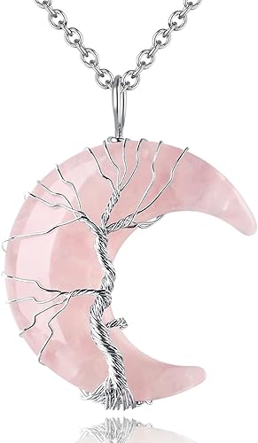 MAIBAOTA Collar de cristal curativo, collar de luna creciente envuelta en alambre de la vida del árbol, collares con colgante de piedra natural,