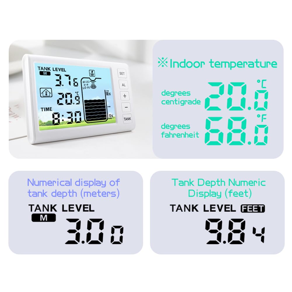 Drahtloser Ultraschall-Wassertank-Flüssigkeitsstandmesser und Messgerät mit Temperatursensor, Zeitanzeige und LCD-Balkendiagramm, 1 bis 5 m Reichweite, Auflösung 0,01 m,