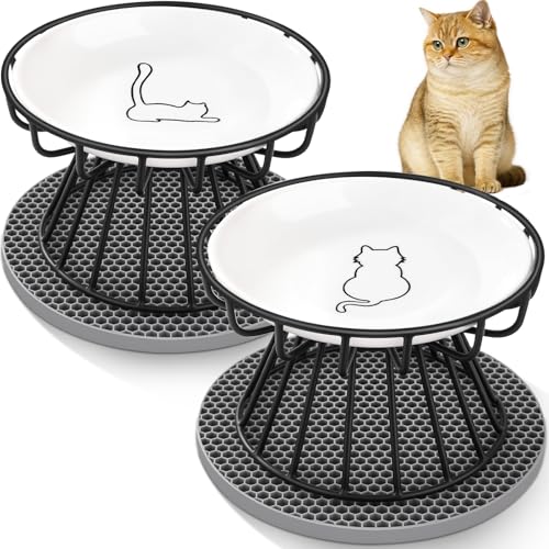 Otauoaea Gamelle Chat Surélevée, Lot de 2 Gamelle Haute Chat en Céramique, Gamelles pour Chats avec Support en Métal & Tapis Antidérapant (B-Noir)