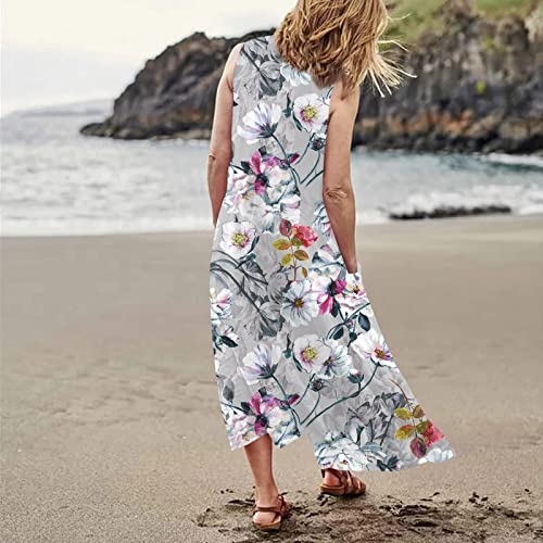 UK Denim Top Summer Oversized Flowy Floral Printed Round Neck Sleeveless Dresses Casual Maxi Vest Dress with Pockets Jersey Maxi Dress (Gray, L) - Image 2