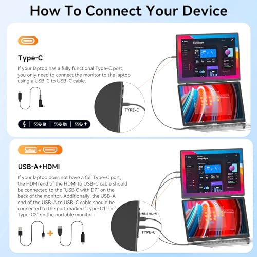 Portable Monitor, 16  FHD 1200P Laptop Screen Extender, nach oben und unten verstellbar und 360 ° drehbar abnehmbarer Ständer, Travel Monitor für Laptop, tragbare Bildschirm für Windows / PC / Mac