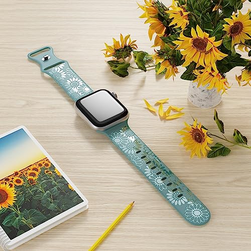 Image of Sunflower Engraved Band Compatible with Apple Watch Bands 38mm 40mm 41mm 42mm 44mm 45mm 49mm Women, Designer Soft Glossy Floral Silicone Strap for iWatch Series Ultra 11 10 9 8 7 6 SE 5 4 3 2 1