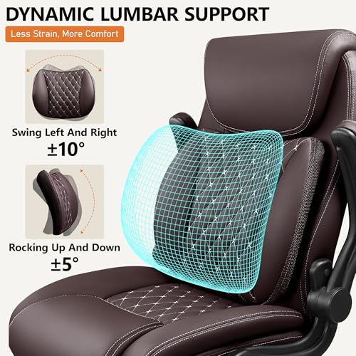 Image of BESTFAIR Office Chair, Executive Computer Desk Chair with Lumbar Support for Lower Back Pain Relief, Ergonomic Leather Home Chair Comfy with Padded Flip-up Arms and Adjustable Armrests, Coffee
