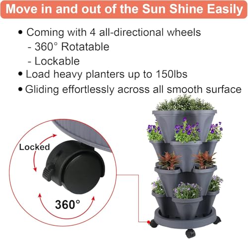 Sthrucrack Stapelbarer Pflanztopf, vertikaler Turmgarten, vertikales Pflanztopf-Set für Erdbeeren, Kräuter, Blumen (Dunkelgrau, 4-stöckig)