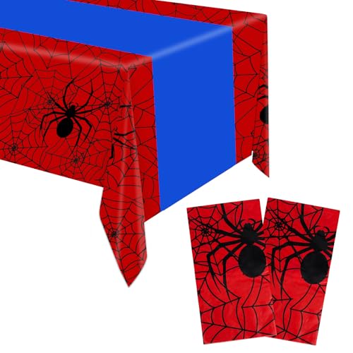 SAVITA 2 Manteles Araña, 2,74x1,37m Mantel Cumpleaños Araña Manteles Impermeables de Color Rojo y Azul Suministros de Decoración para Fiestas para Cumpleaños Hombres y Mujeres