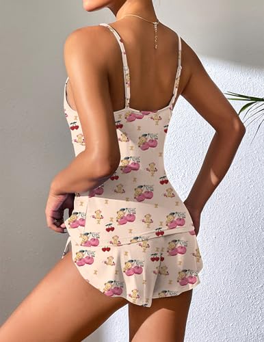 Image of Ekouaer Womens Pajama Sets Cami Short Sets V Neck Lingerie Soft 2 Pieces Pjs Set with Shorts 2025 Cherry Teddy Bear Apricot L