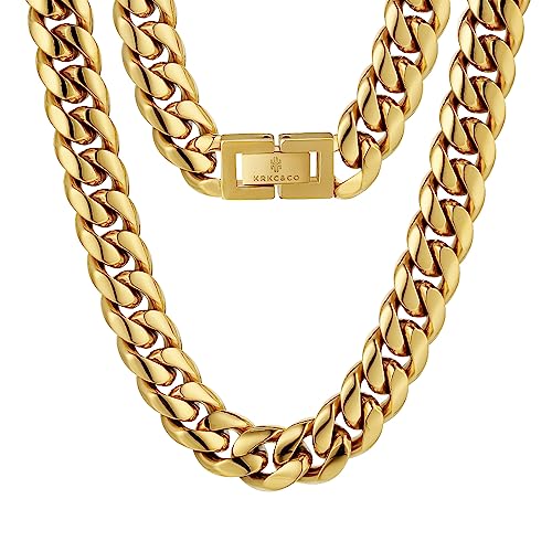 KRKC&CO Cuban Link Chain for Men 8/10/12/14mm, Brithday Gift for Men, 18k Gold Miami Necklace, Durable, Anti-Allergies Hip Hop Jewelry for Mens