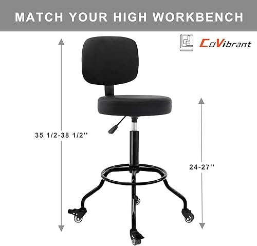 Vista 3 de Taburete de taller resistente con respaldo ergonómico, ruedas de goma con cerradura y reposapiés alto, giro de 360°, altura ajustable para banco