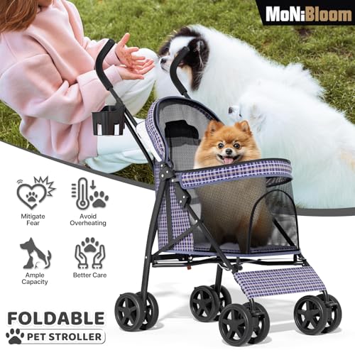 Image of MoNiBloom 4 Wheels Pet Stroller, Easy-Fold Umbrella Shaped Dog Cat Jogger Stroller w /Storage Bag & Visible Mesh for Small /Medium Dogs Cats Plaid