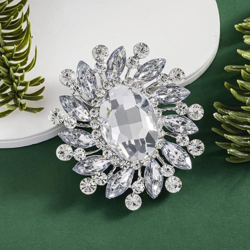 Image of SELOVO Flower Rhinestone Statement Brooch Pin Broach Antique Gold Tone