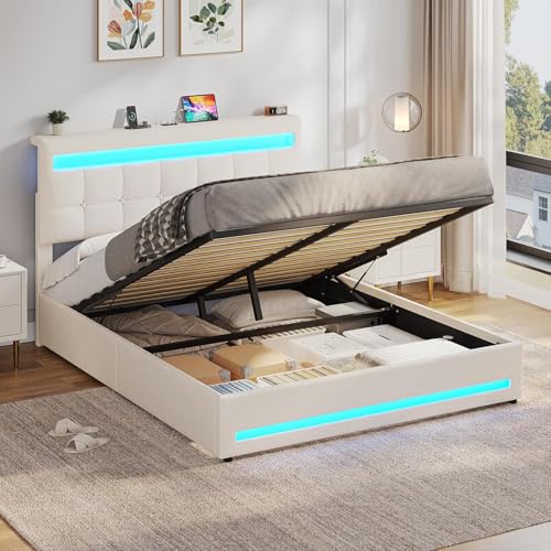AOGLLATI Camas Matrimoniales 140x190 cm con Almacenamiento Hidráulico, Cama Canapé con Cabecero Ajustable, Estructura de Cama con Luces LED y Estación de Carga (USB y Tipo-C), Beige