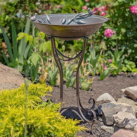 Zaer Ltd. Deep Well Made Metal Birdbath with 2 Cast Iron Birds and Leaf Decoration (Bronze) Cover