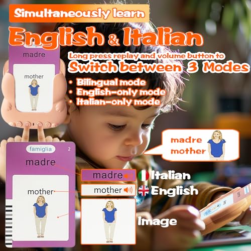 Talking Flash Cards for Kids - Italian Bilingual English Flashcard for Toddlers 3-12, Test Mode, 510 Sight Words, Audible Pocket Speech, Sensory Toys for Autism, Boys Girls Gifts (Italian) - Image 3