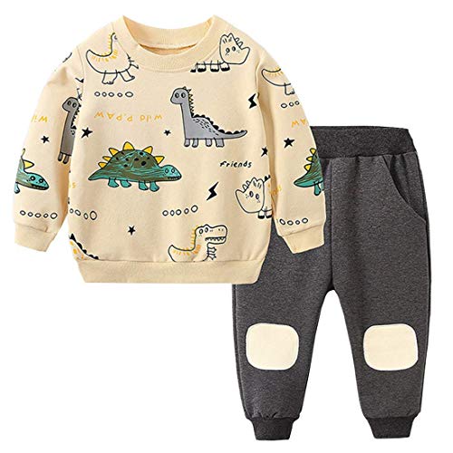 Toddler Baby Boys Clothes Dinosaur Printed Long Sleeve Tops and Pants Kids 2pcs Fall Winter Outfits Set (Apricot, 6-12M)