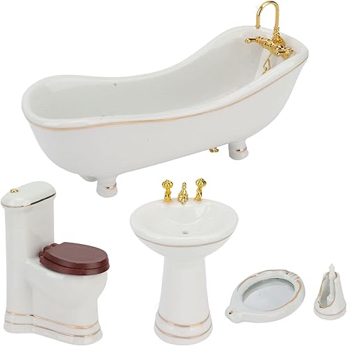 1:12 Juego de baño de casa de muñecas, juguetes de muebles en miniatura de cerámica retro blanca, juego de cepillo de espejo para lavabo de bañera