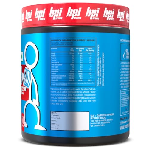 Image of BPI Sports CLA + Carnitine - Conjugated Linoleic Acid - Performance, Lean Muscle - Caffeine Free - For Men & Women - 300 gms- 50 servings - Fruit Punch